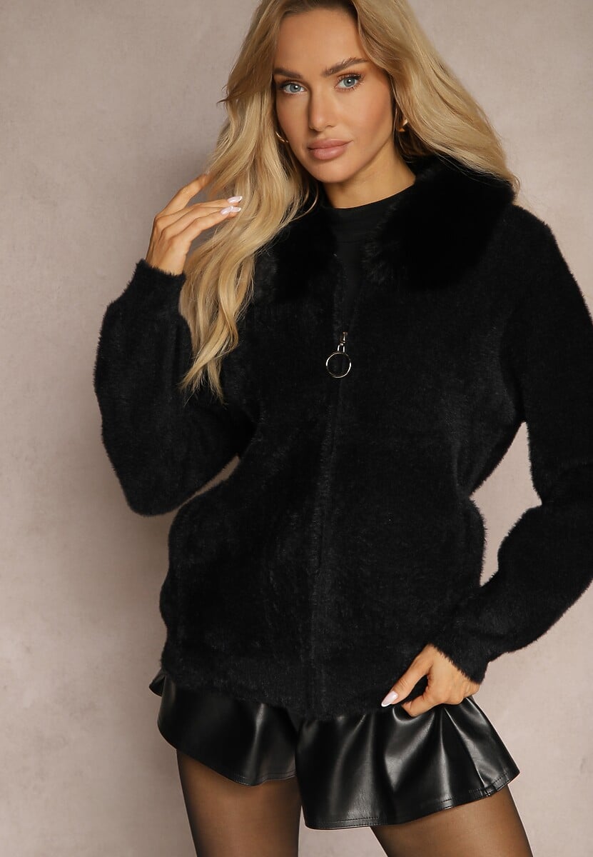 Beżowy Zasuwany Kardigan z Wełną Ozdobiony Kołnierzem z Futerka Dailore