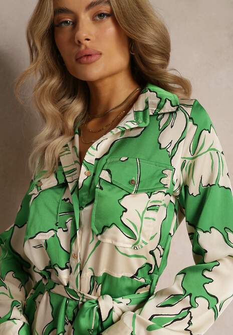 Zielona Sukienka Koszulowa z Wiązanym Paskiem Rume