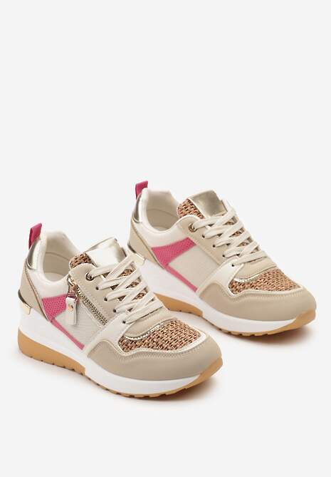 Beżowo-Różowe Sneakersy na Niewysokim Koturnie Ozdobione Suwakiem i Wstawkami Liorrama