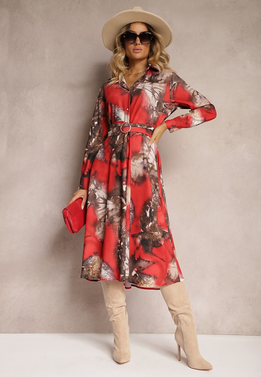 Czerwono-Brązowa Rozkloszowana Sukienka Midi z Paskiem z Klamrą Qirvina