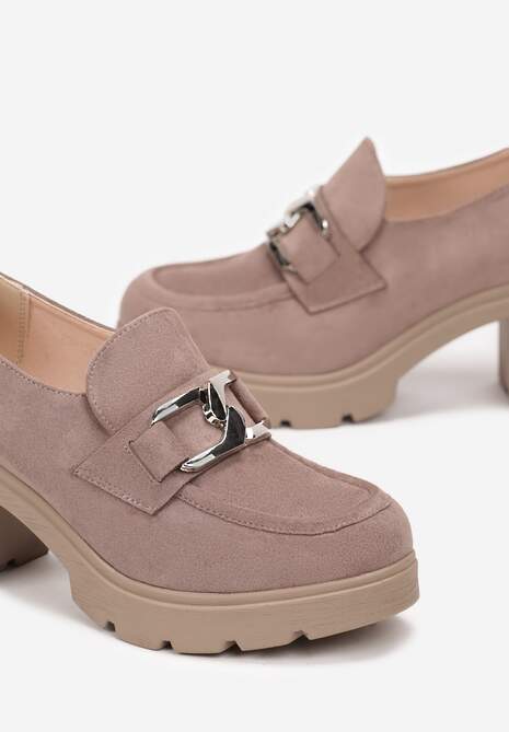 Ciemnobeżowe Półbuty na Platformie i Obcasie Zdobione Klamerką Cynalline
