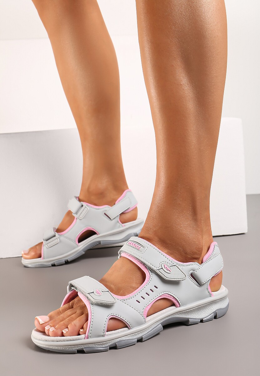 Szaro-Różowe Sportowe Sandały na Płaskiej Podeszwie ze Skórzaną Wkładką Zapinane na Rzep Frailla