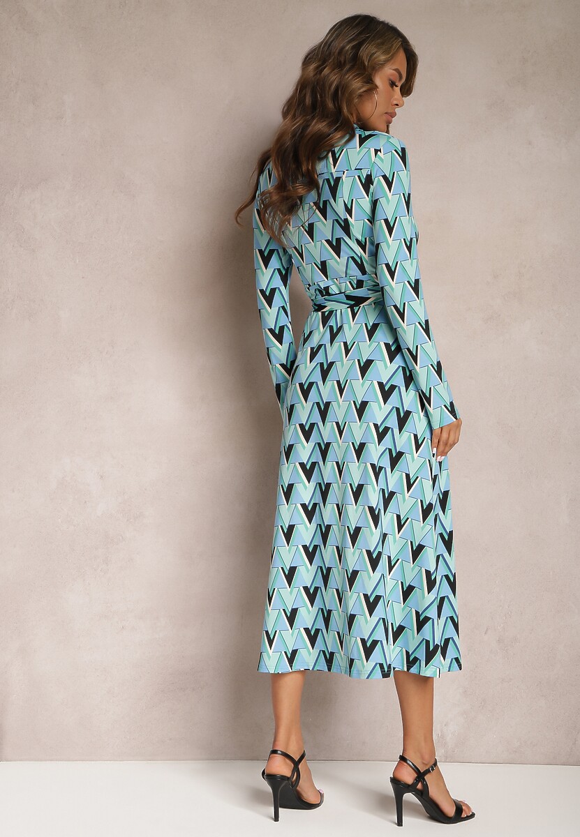 Niebieska Koszulowa Sukienka w Mozaikowy Wzór Wiązana w Pasie Azalie