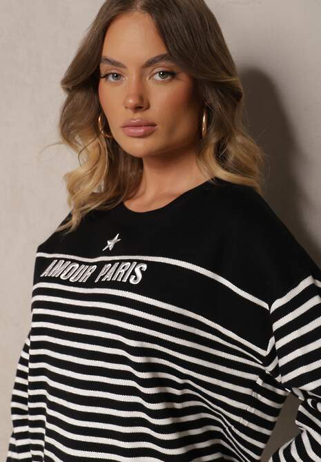 Czarny Sweter z Bawełną Ozdobiony Haftowanym Napisem i Paskami Zeanika