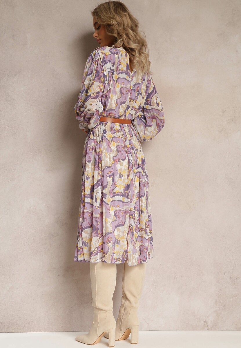 Fioletowa Plisowana Sukienka Midi z Długim Rękawem i Paskiem ze Sprzączką Lizeta