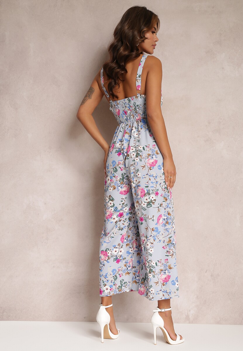 Jasnoniebieski Kombinezon z Szerokimi Nogawkami i Wiązaniem Przy Dekolcie Gloryhallo