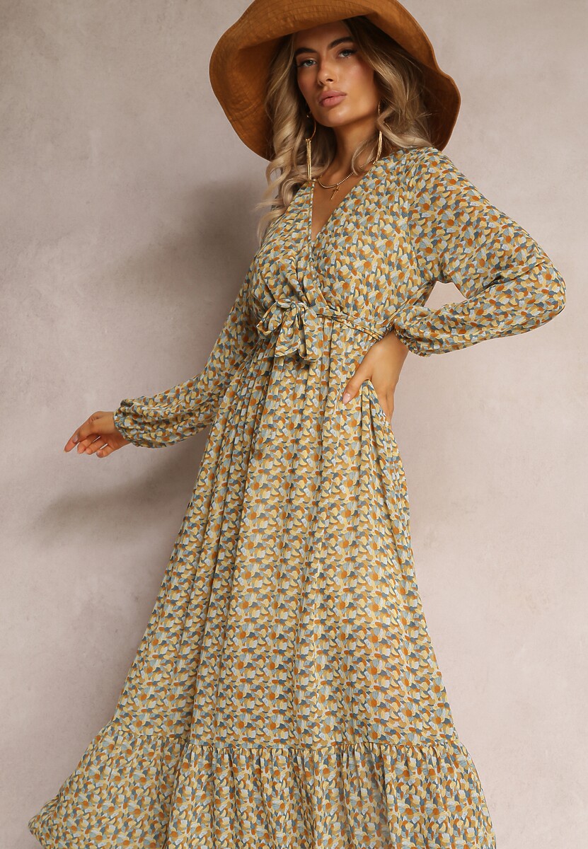 Żółto-Zielona Sukienka Kopertowa z Falbanką i Wiązanym Paskiem Gjerana