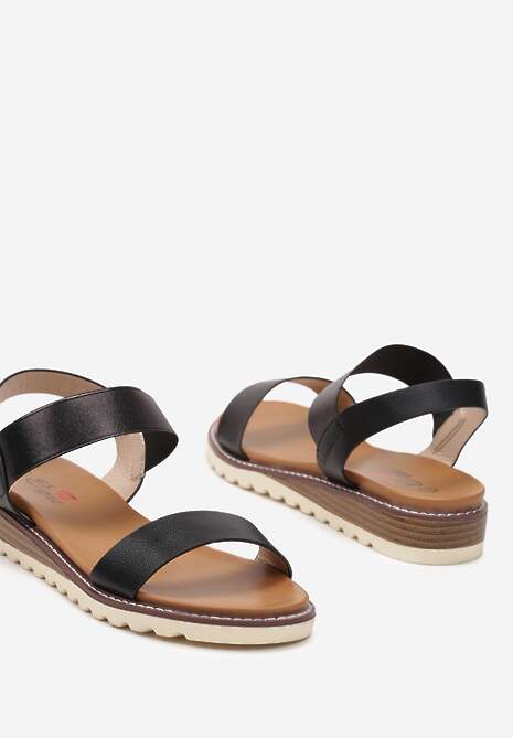 Czarne Casualowe Sandały na Płaskiej Podeszwie Imitującej Korek bez Zapięcia Biorena