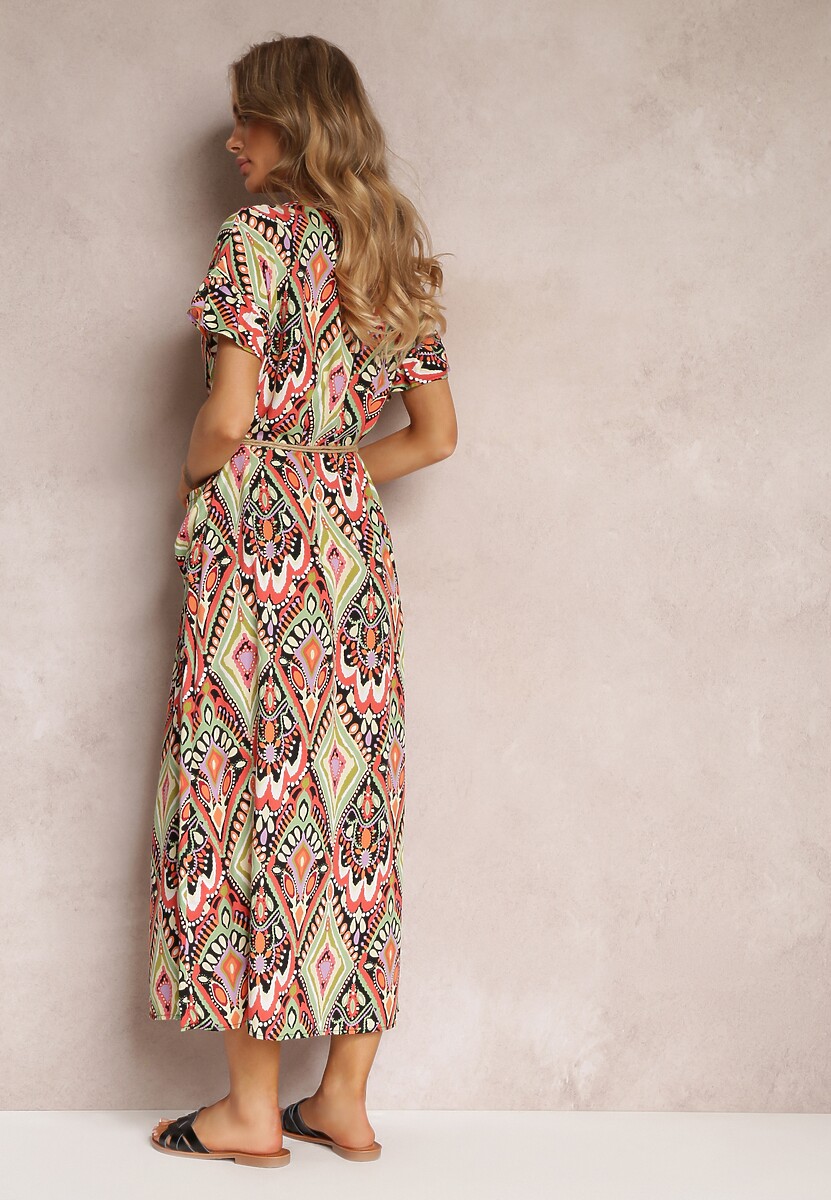 Czerwono-Zielona Sukienka Maxi z Krótkim Rękawem i Sznurkiem w Pasie Nosine
