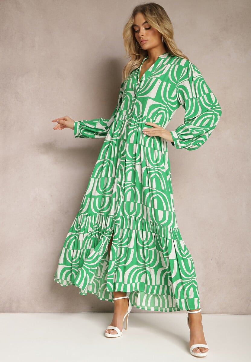 Zielona Długa Sukienka Rozkloszowana w Geometryczne Wzory z Kołnierzykiem Skulle
