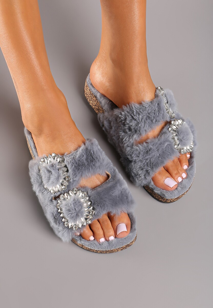 Niebieskie Kapcie na Płaskiej Podeszwie z Futerkiem Cyrkoniami i Klamrami z Regulacją Arvela