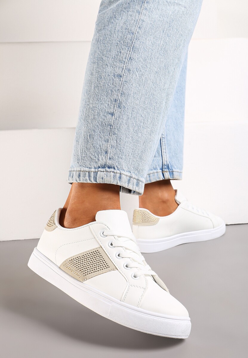 Biało-Beżowe Sneakersy ze Wstawkami Pokrytymi Cyrkoniami Almarie