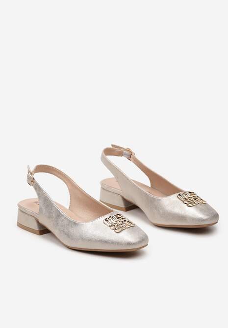 Złote Czółenka bez Pięty na Niewysokim Obcasie ze Skórzaną Wkładką Ithil