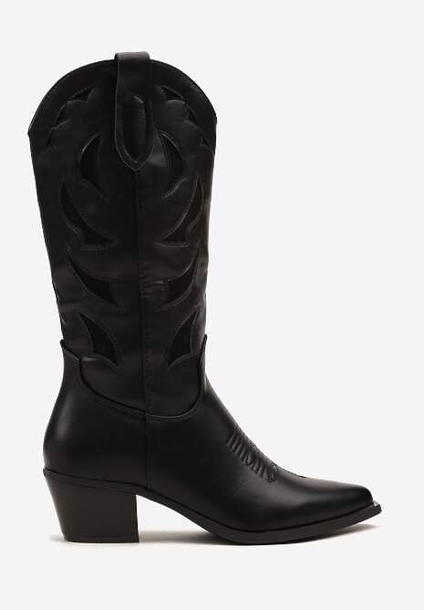 Czarne Kozaki na Słupku w Stylu Kowbojek Ozdobione Tłoczeniem Latimesa