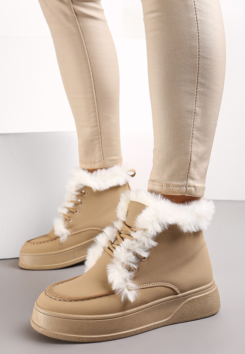 Ciemnobeżowe Botki za Kostkę na Grubej Podeszwie Ozdobione Futerkiem Nulzame