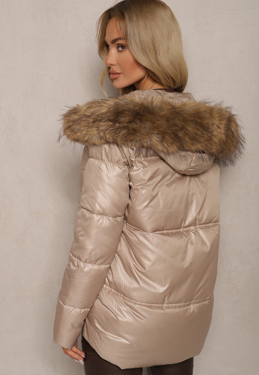 Beżowa Asymetryczna Kurtka z Kapturem z Futrem z Możliwością Odpięcia Zineira