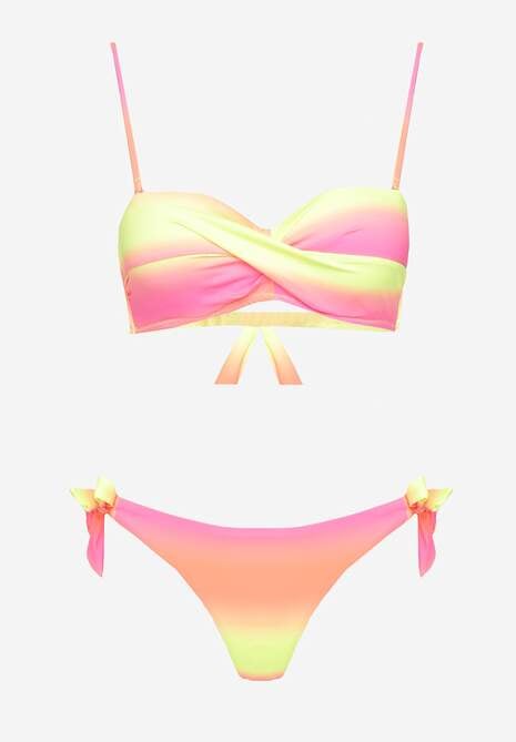 Fuksjowe Bikini Majtki Typu Figi i Biustonosz z Marszczeniem w Geometryczny Wzór Kinnira