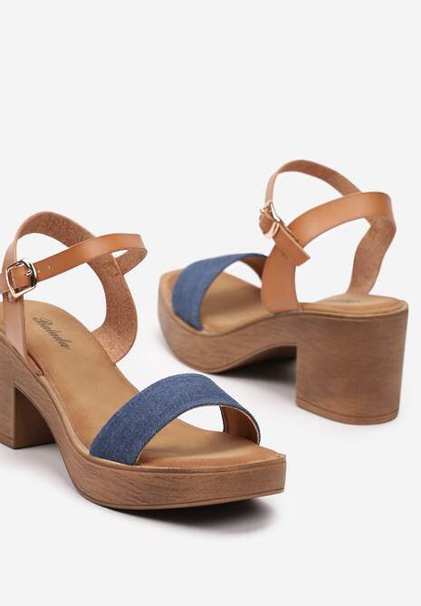 Granatowe Sandały na Klocku z Imitacji Drewna Zapinane wokół Kostki Effique