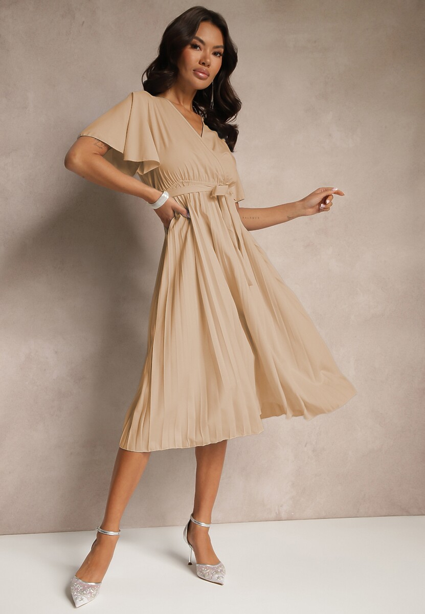 Ciemnobeżowa Sukienka Wiązana w Talii z Plisowaniem na Dole Dorseki