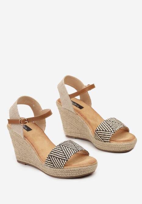 Brązowe Sandały na Koturnie z Plecionki ze Sprzączką przy Kostce Storea