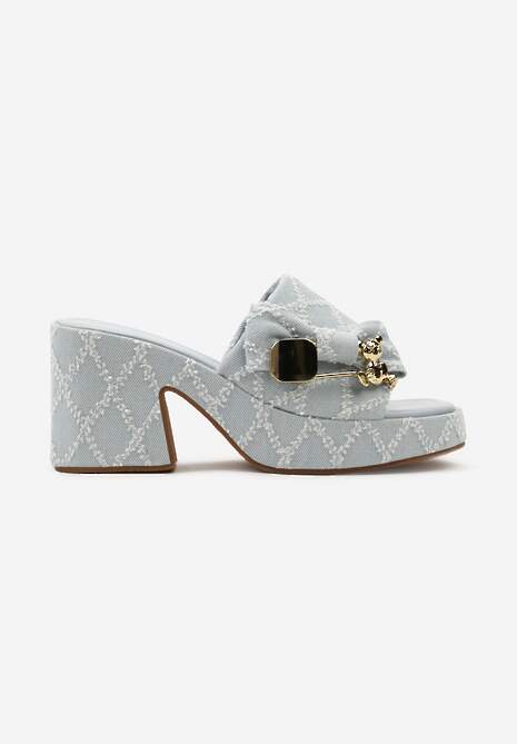 Jasnoniebieskie Tweedowe Klapki na Słupku i Platformie Ozdobione Uroczą Klamrą i Cyrkoniami Konanttia