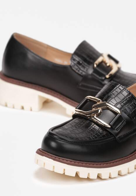 Czarne Mokasyny z Ozdobną Klamerką i Skórzaną Wkładką na Grubej Podeszwie Marinie