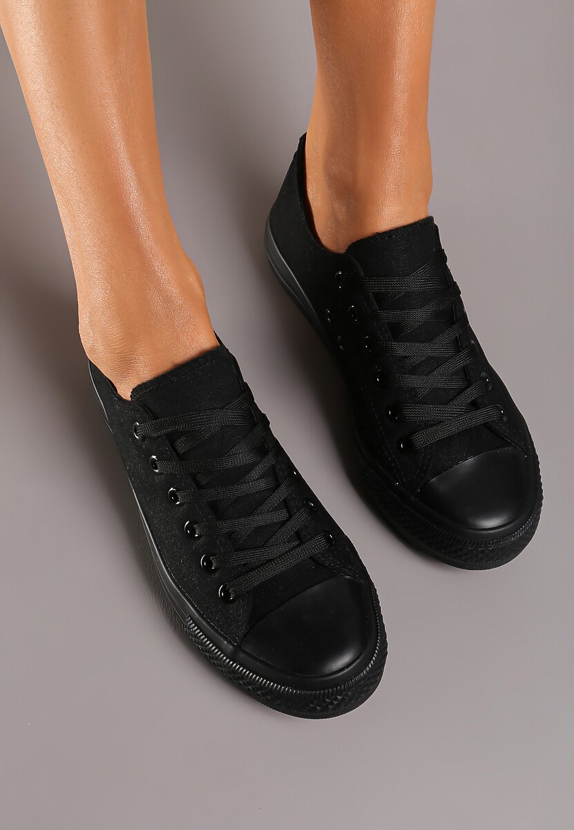 Czarne Casualowe Sznurowane Trampki na Płaskiej Podeszwie przed Kostkę Nivemia
