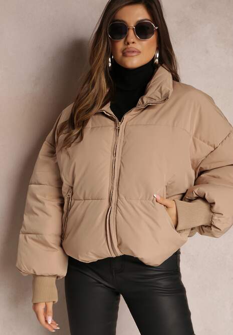 Beżowa Pudełkowa Kurtka Pikowana o Kroju Oversize Isatti