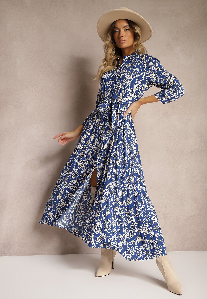 Granatowa Sukienka Koszulowa Wiązana w Pasie w Etno Wzór z Wiskozy Lokaggia