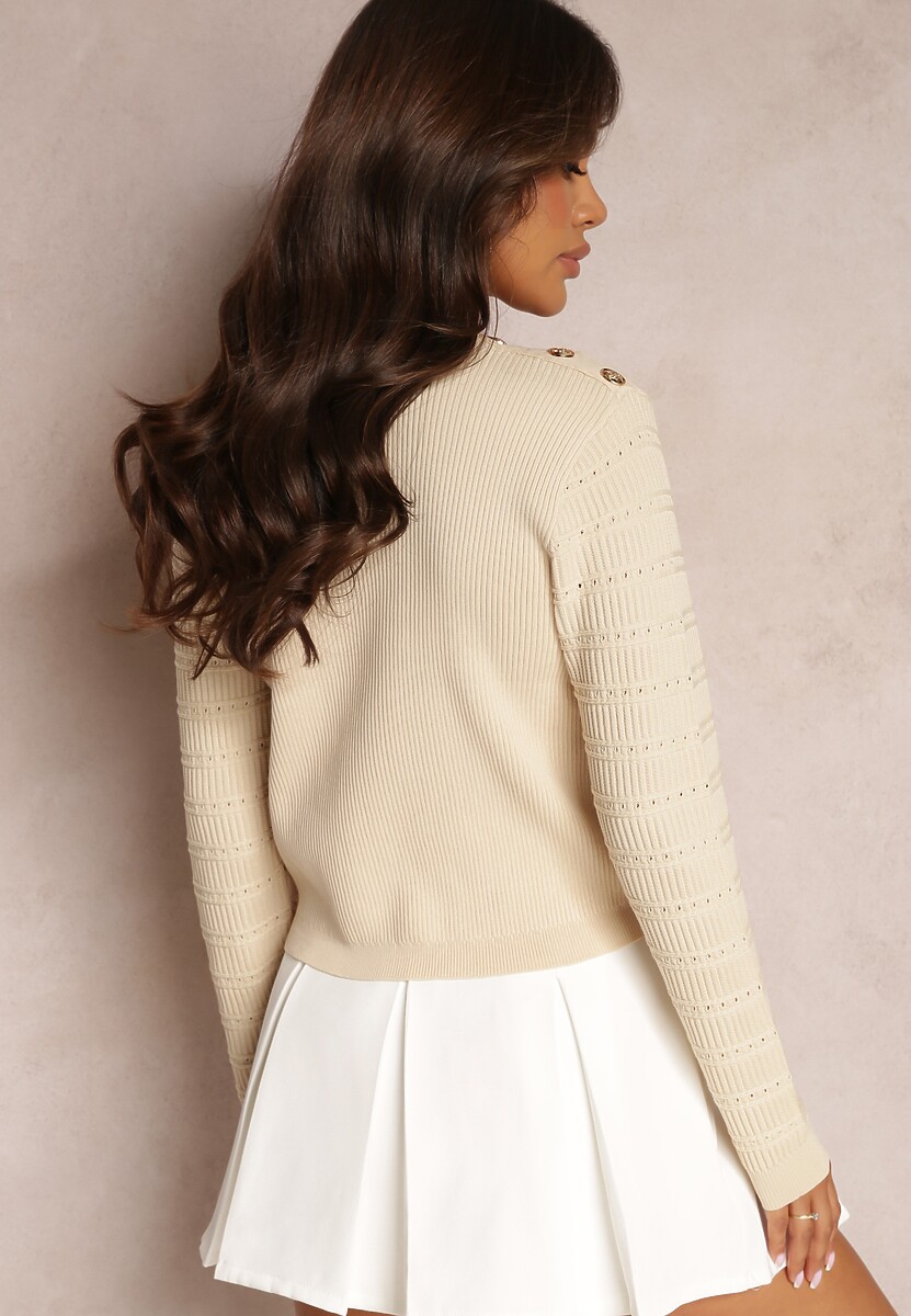 Beżowy Klasyczny Sweter z Ozdobnymi Napami Vakatora