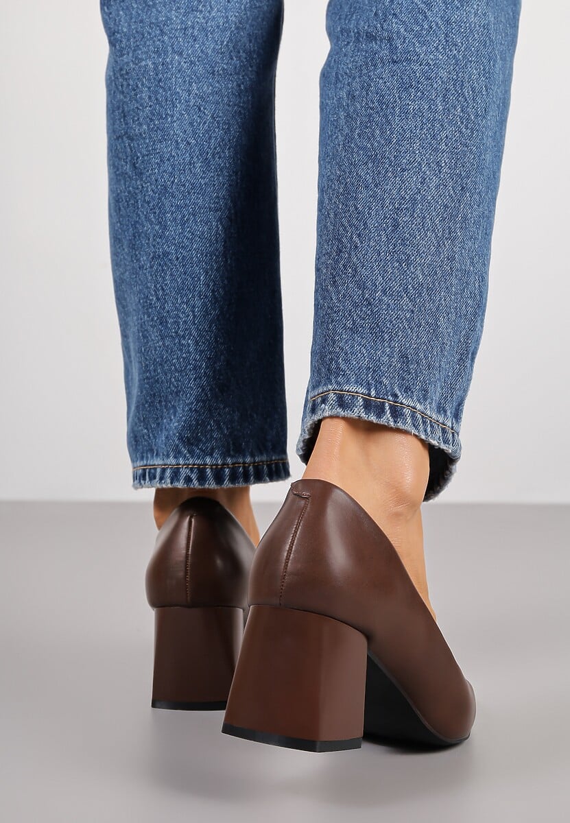 Brązowe Czółenka Vices Basic na Słupkowym Obcasie ze Skórzaną Wkładką Esande