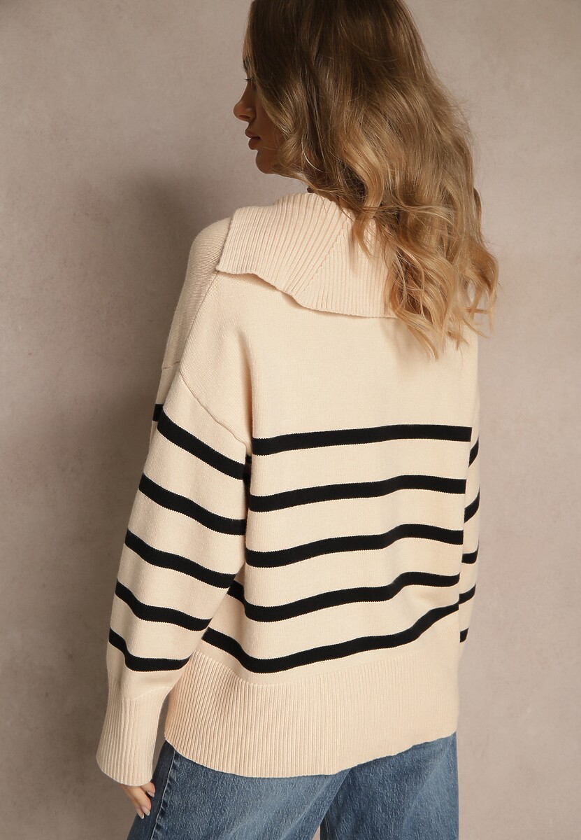 Czarno-Beżowy Sweter w Paski z Dekoltem w Serek z Kołnierzykiem Ralinavia