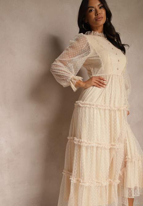 Beżowa Tiulowa Sukienka Maxi ze Wstawkami z Koronki i Ozdobnymi Guzikami Aovena