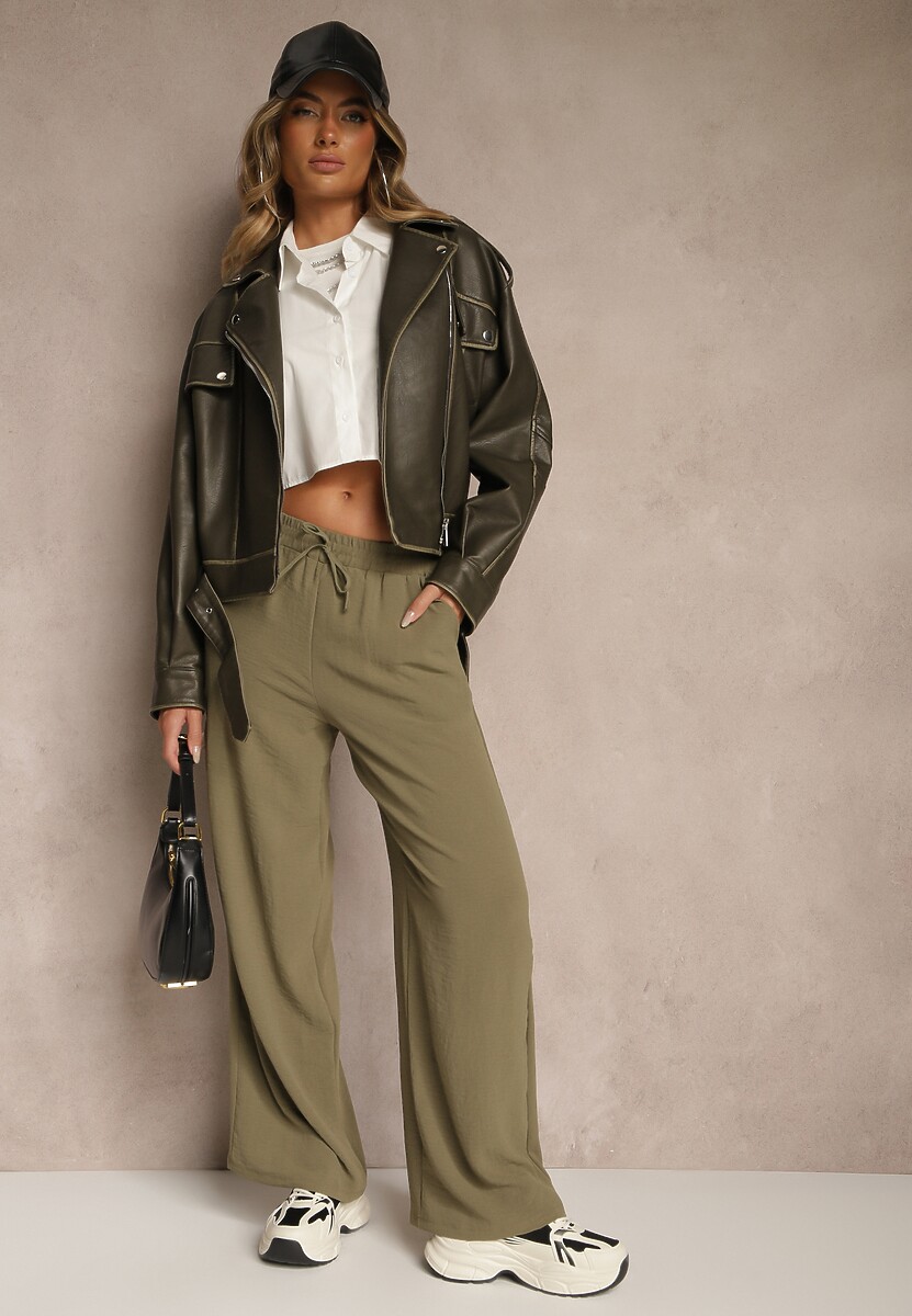 Ciemnozielone Spodnie Luźne o Szerokich Nogawkach z Łańcuszkiem zamiast Troczka Ostaria