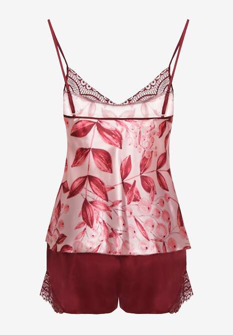 Bordowy Satynowy Komplet Piżamowy z Szortami i Topem z Koronką Telespha
