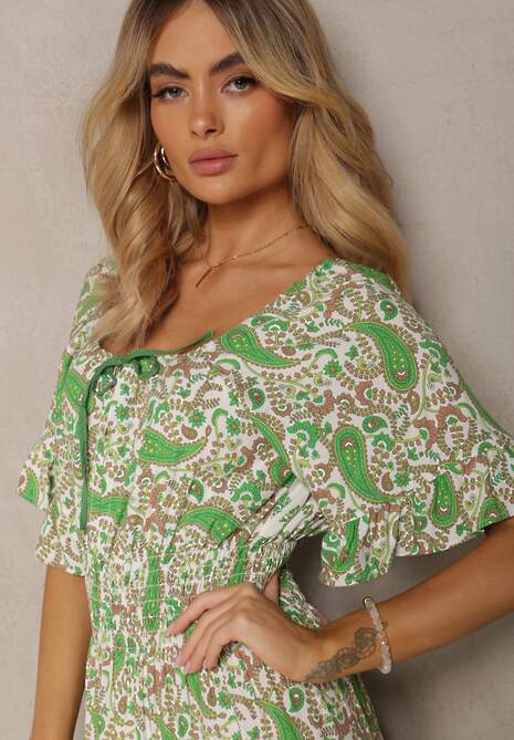 Jasnozielona Bawełniana Sukienka z Ozdobnym Wiązaniem Wykończona Gumką w Pasie Betelia