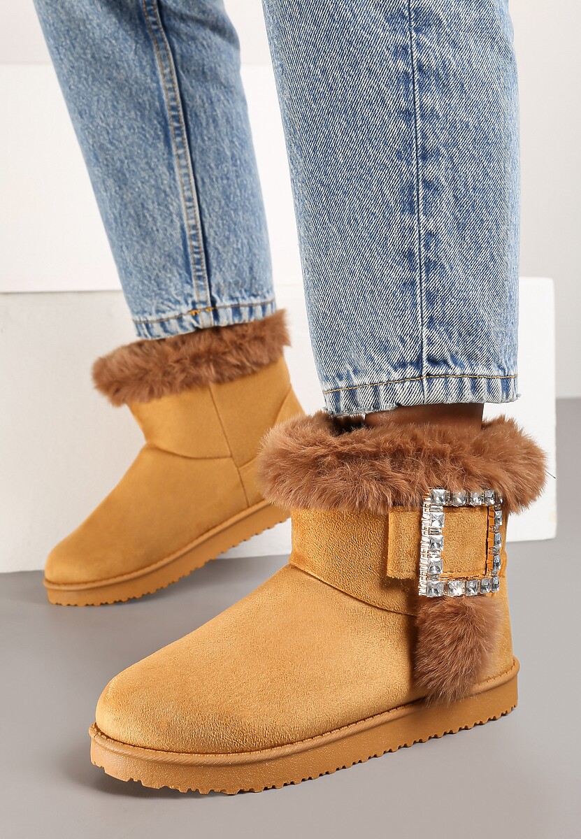 Brązowe Śniegowce  na Płaskiej Podeszwie z Futerkiem i Klamrą z Cyrkoniami Liliara