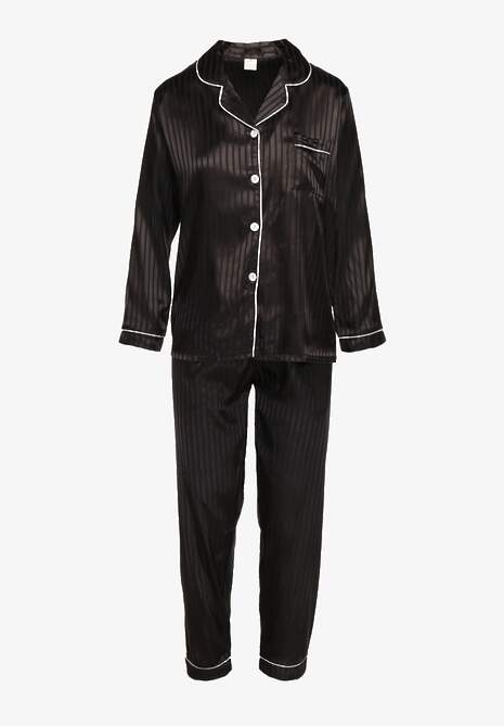 Czarny Komplet Piżamowy Góra o Koszulowym Kroju z Guzikami Spodnie z Gumką w Talii Rivanias