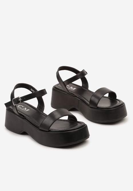 Czarne Sandały Zapinane przy Kostce na Niskiej Platformie Tleiana