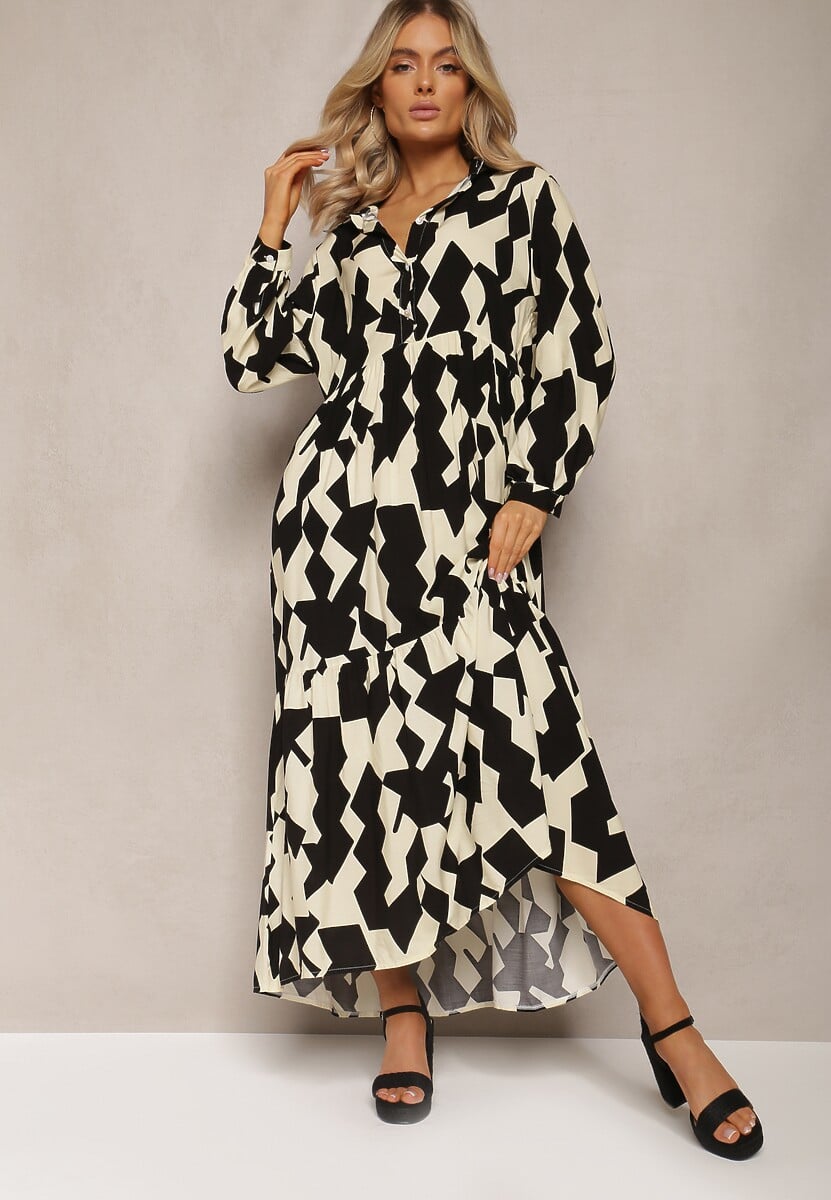 Beżowo-Czarna Koszulowa Sukienka Maxi w Geometryczny Wzór Qerida