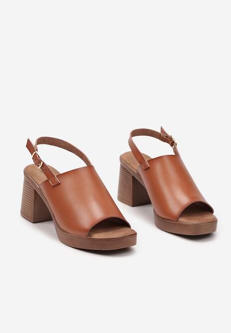 Brązowe Casualowe Sandały na Słupku z Odkrytą Piętą i Sprzączką Evola