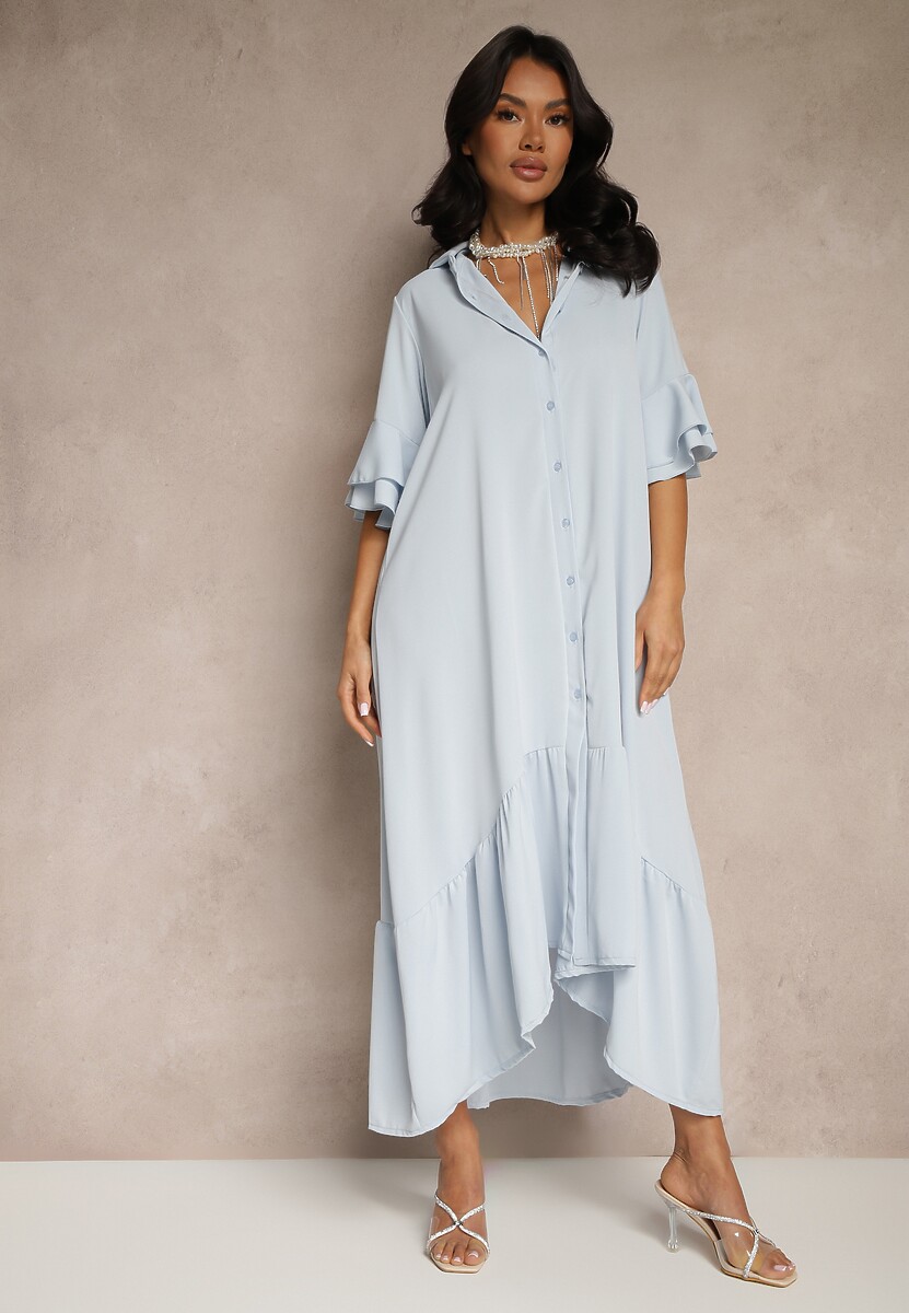 Jasnoniebieska Koszulowa Sukienka Ozdobiona Falbanką Ransara