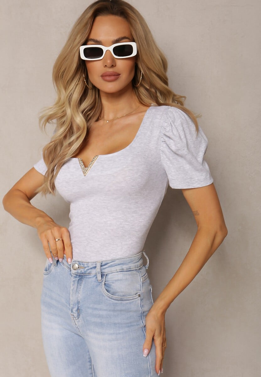 Jasnoszara Prążkowana Bluzka z Bawełny Ozdobiona Cyrkoniami Kailitha