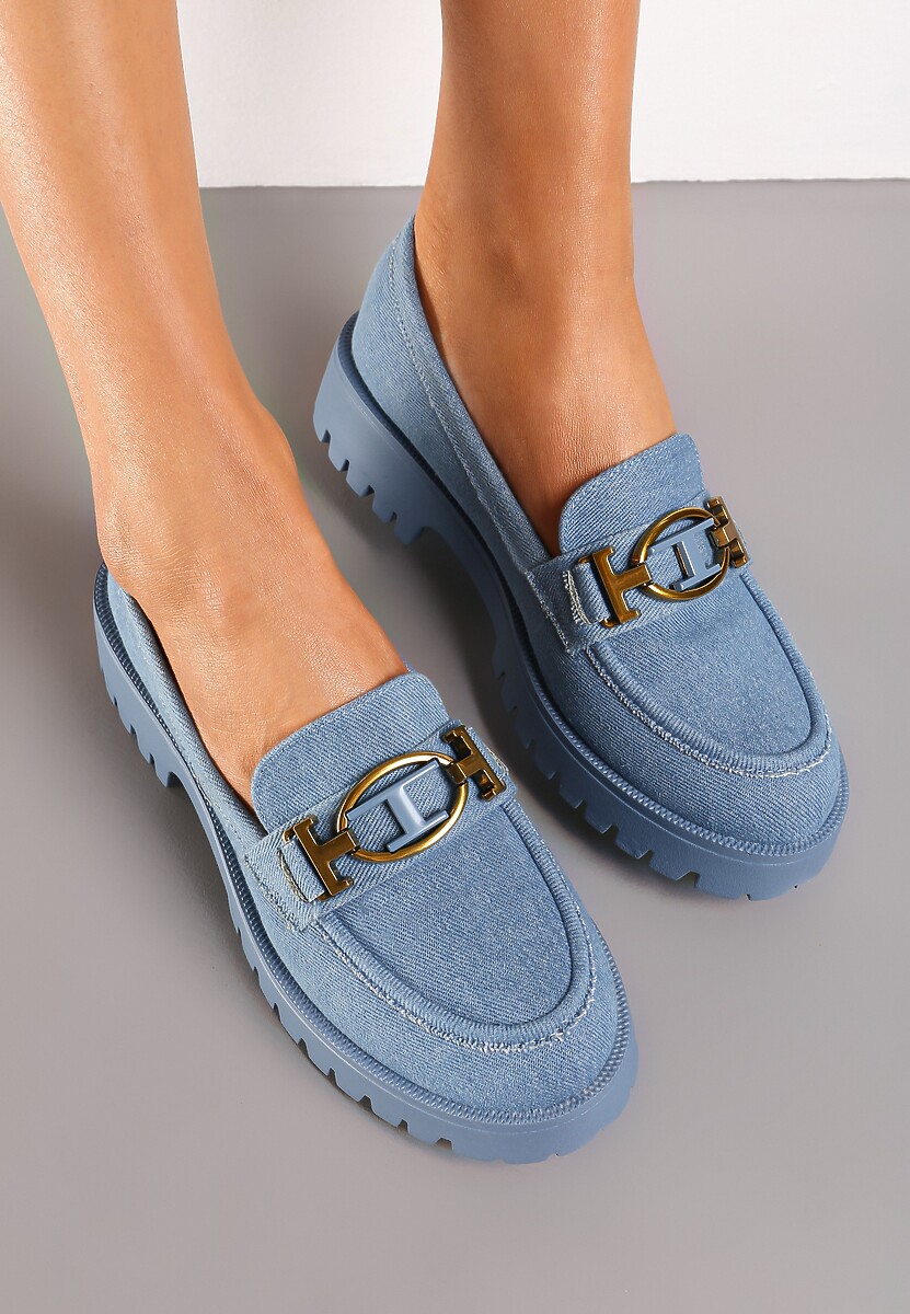Niebieskie Mokasyny z Imitacji Zamszu z Geometryczną Klamerką Echonesa