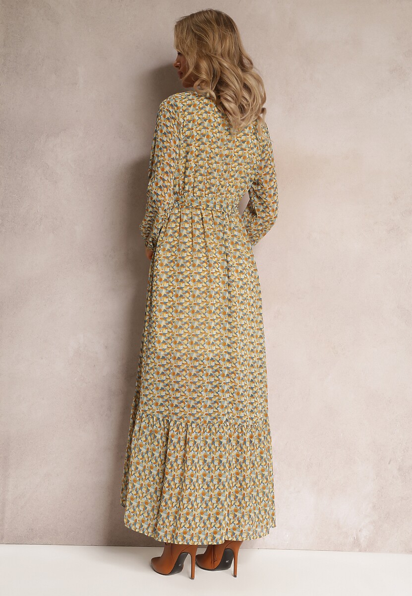 Żółto-Zielona Sukienka Kopertowa z Falbanką i Wiązanym Paskiem Gjerana