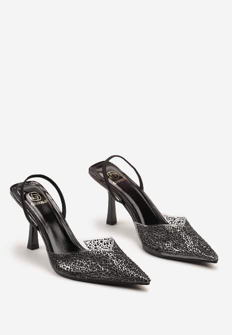 Czarne Sandały z Transparentnym Noskiem na Szpilce Ozdobione Perłami i Cyrkoniami Halene