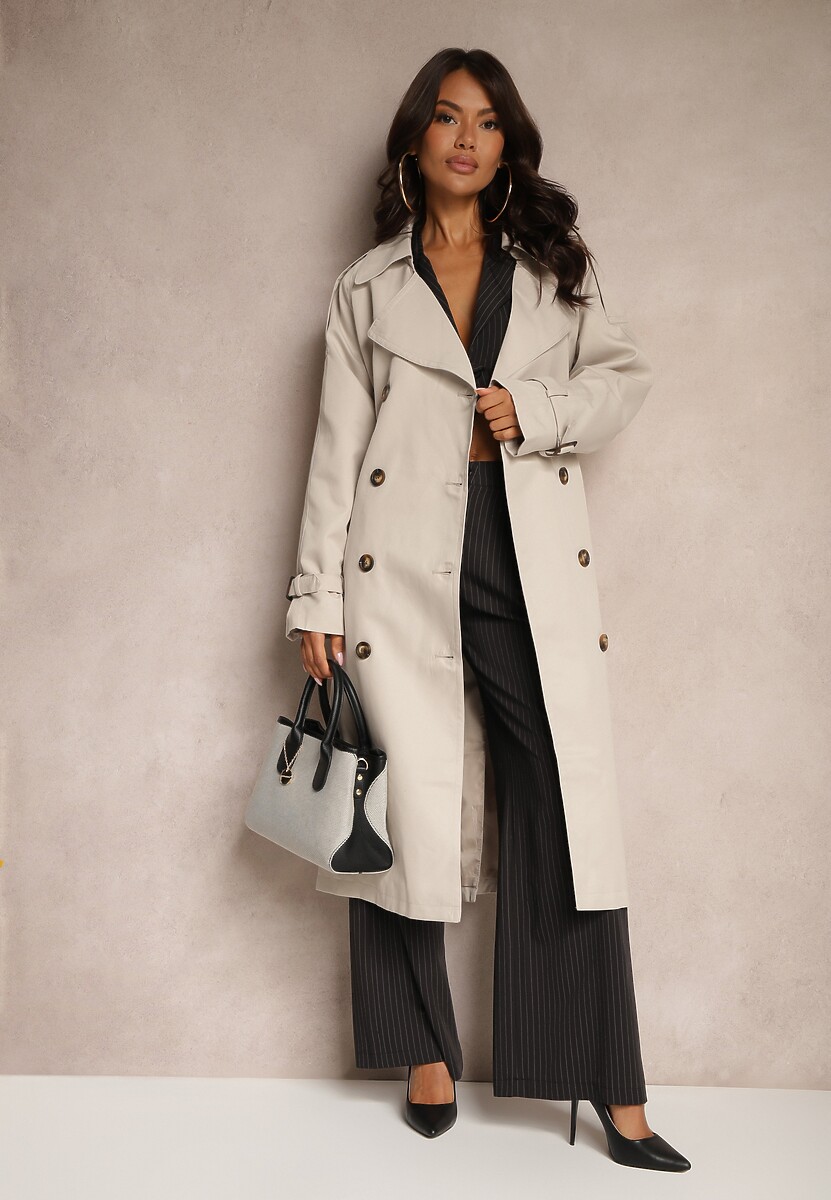 Zielony Oversizowy Płaszcz Trencz o Dwurzędowym Kroju z Paskiem Darinella