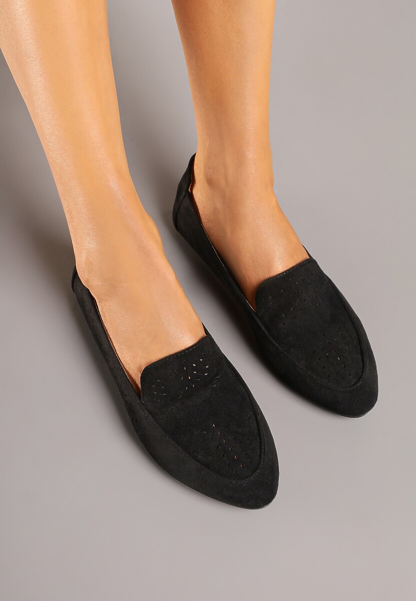 Czarne Ażurowe Mokasyny Balerinki z Wkładką ze Skóry Naturalnej Ollana