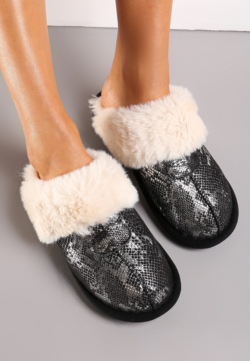 Czarne Połyskujące Kapcie ze Zwierzęcym Motywem i Futerkiem Zephyrella