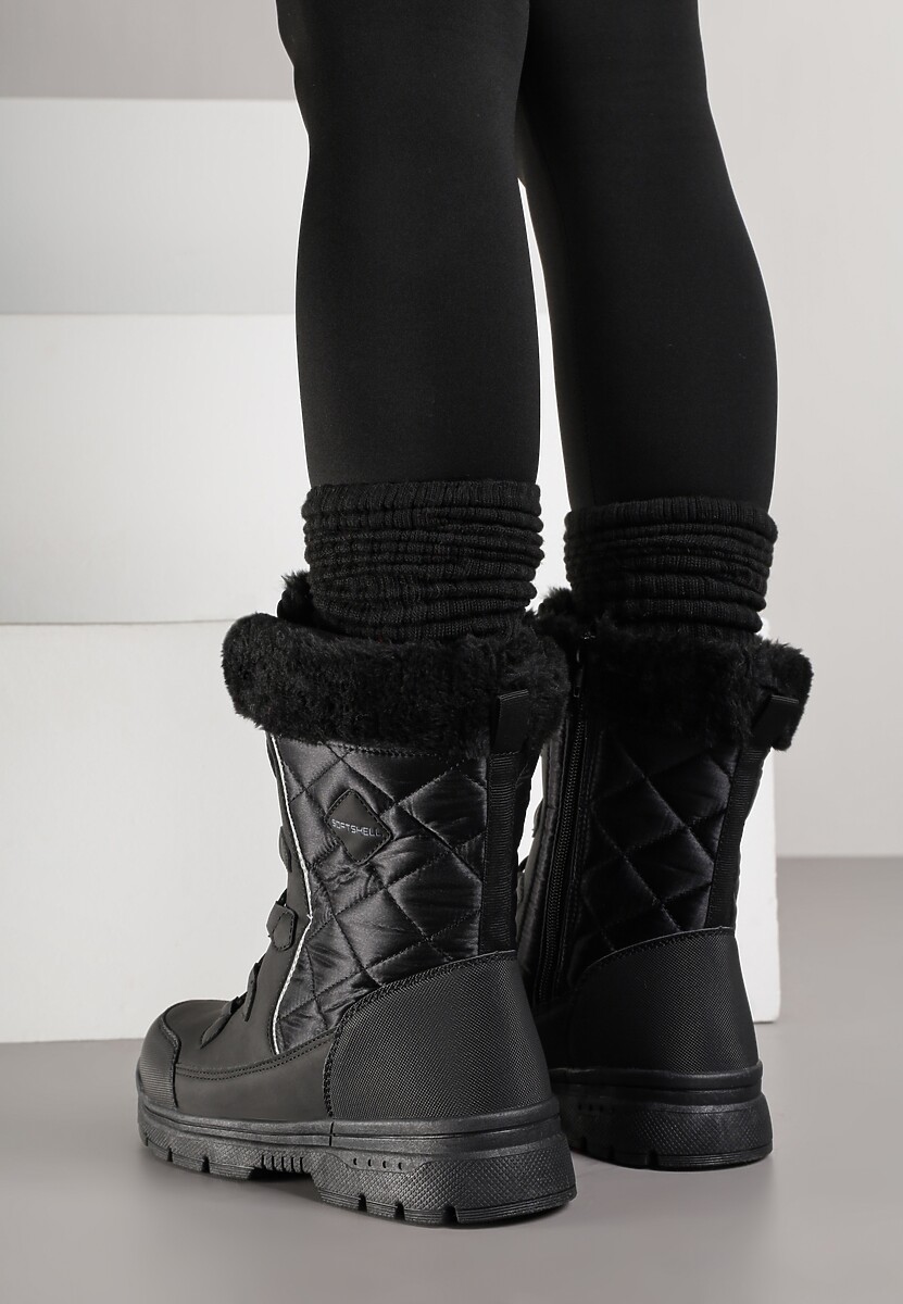 Czarne Śniegowce z Pikowanym Przeszyciem i Futerkiem na Grubej Podeszwie Amartina